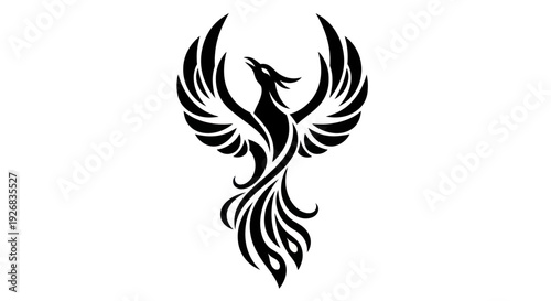 Stylized phoenix illustration soaring with wings outstretched on white