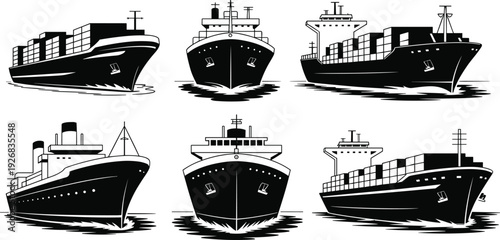 Cargo ship vector illustration set, commercial freight vessel silhouettes, maritime logistics and international sea transport design
