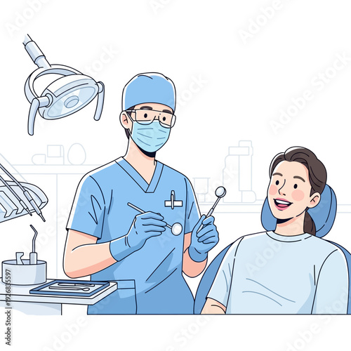 Dentist examining patient's teeth with dental tools in modern clinic, illustration