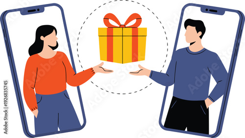 A man and woman exchange a gift through their phones