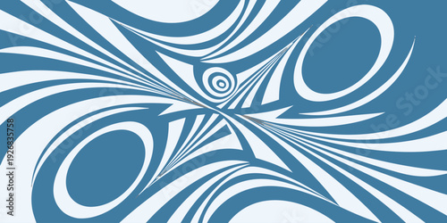 Abstract blue and white optical illusion, flowing lines forming swirling shapes, futuristic design, distorted perspective, hypnotic pattern, dynamic art