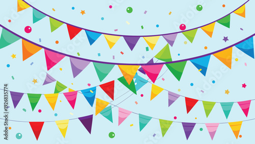 Colorful bunting flags displayed against a vibrant pink background, creating a festive and cheerful atmosphere.