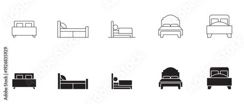 Bedroom Bed Icons, Outline and Solid Furniture Set, Hotel Sleeping Symbol Collection, Modern Vector Pack