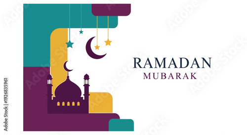 Ramadan mubarak greeting card with crescent moon stars and mosque illustration