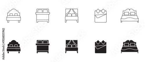 Bedroom Bed Icons, Outline and Solid Furniture Set, Hotel Sleeping Symbol Collection, Modern Vector Pack