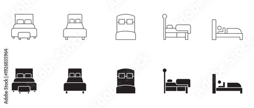 Bedroom Bed Icons, Outline and Solid Furniture Set, Hotel Sleeping Symbol Collection, Modern Vector Pack