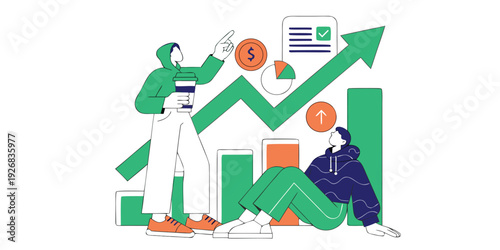 Business growth and financial success concept with two people looking at a rising graph and charts symbolizing increased revenue and profit