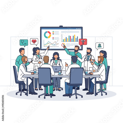 Medical Team Meeting: Doctors Discussing Health Data and Strategy at Boardroom Table