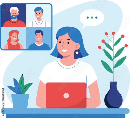 A woman video chatting on her laptop with other people