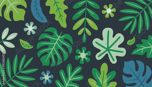 Seamless tropical pattern with green monstera and palm leaves on dark background