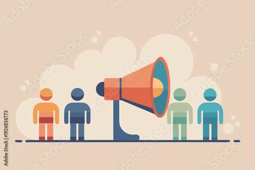 Colorful people standing around megaphone on beige background