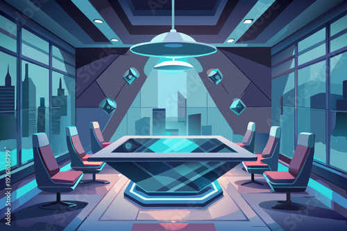 Futuristic meeting room with city view and neon lights
