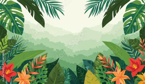 a lush tropical jungle landscape with mountains and exotic plants