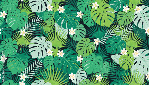 Seamless tropical pattern with green monstera and palm leaves on dark background