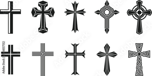 Black vector silhouette set of ten diverse Christian cross icons featuring Celtic gothic and modern geometric styles for religious church and spiritual branding designs