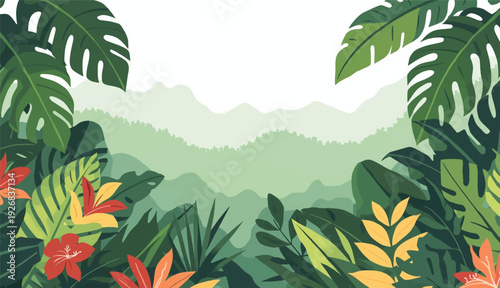 a lush tropical jungle landscape with mountains and exotic plants