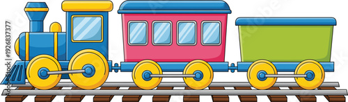 Colorful cartoon vector illustration of a blue toy steam locomotive pulling a red passenger car and green freight wagon on a railroad track