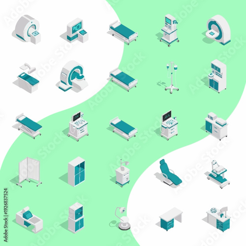 Medical equipment and hospital furniture isometric icons set.