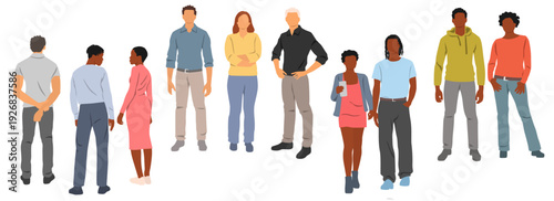 People,  men and women, standing and walking, front and back view, profile, different colors, cartoon character, group silhouettes, summer clothes, flat design concept, isolated on white background