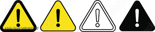 Set of hazard warning signs featuring an exclamation mark inside a triangle. Danger, caution, attention, or alert situations. Safety signage, web alerts, or industrial warnings. 