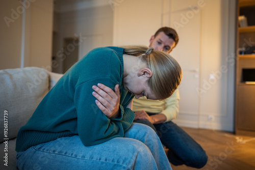 Manipulative narcissistic man in conflict with wife, married couple dealing with marriage drama and toxic relationships, man and woman in family quarrel and emotional crisis, betrayal and offence.