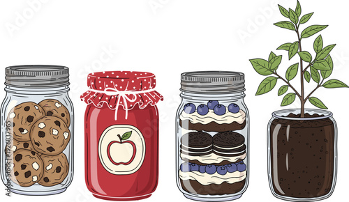 Vector illustration set of four glass mason jars containing chocolate chip cookies apple jam a blueberry dessert and a small green plant in soil