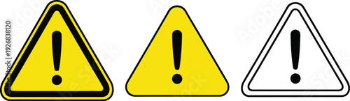 Set of hazard warning signs featuring an exclamation mark inside a triangle. Danger, caution, attention, or alert situations. Safety signage, web alerts, or industrial warnings. 