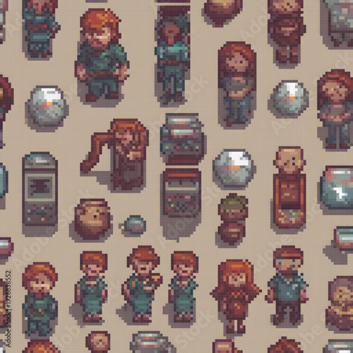 A pixel art image showcases a diverse group of people, with some standing near a vending machine and others near a bowl.