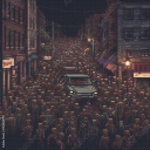 A pixel art image depicts a crowded city street with a car in the foreground, surrounded by numerous people.