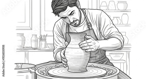 Man intently shaping clay vase on pottery wheel, creating art with focus.