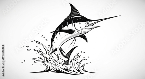 Striking illustration of a marlin leaping from the ocean water with powerful energy.
