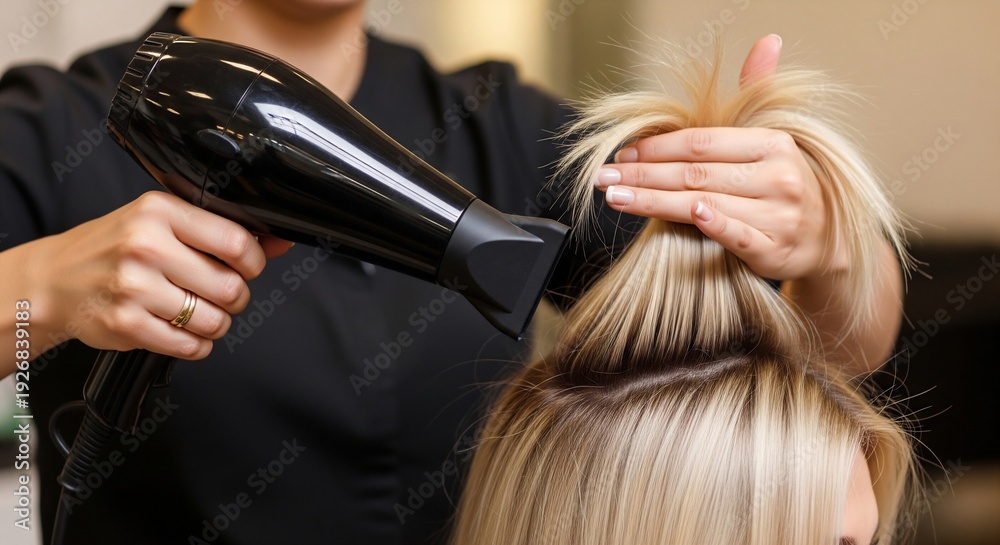 Fototapeta premium Stylist blow drying blonde hair in salon with sleek styling tools