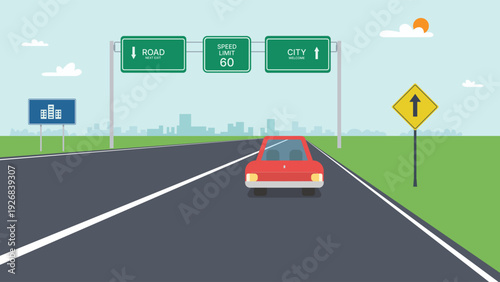 Red Car Driving on a Highway Toward a City Skyline with Road Signs and Speed Limit flat vector illustration