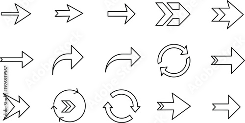 Collection of simple line art arrow icons, including forward, refresh, and curved directional symbols on white.