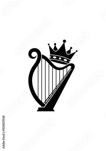 Elegant harp instrument with crown logo design isolated on white background