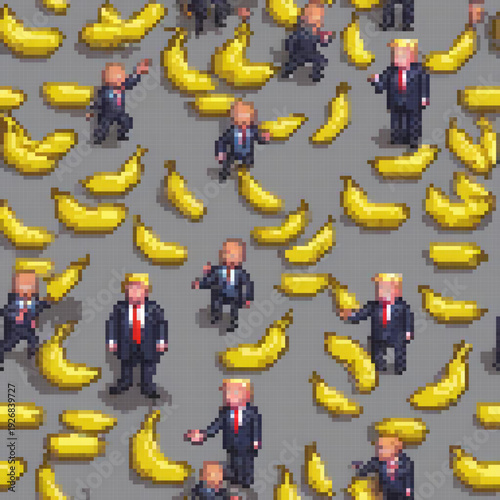 A pixel art image features a crowd of men, some holding bananas, with a background of bananas and a unique blend of political figures.