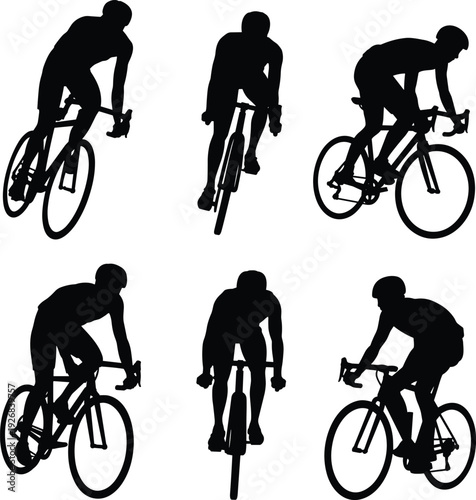 Cyclist riding road bike silhouette set with racing poses isolated black vector illustration of professional cycling sport collection