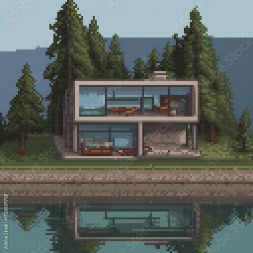 A pixel art image depicts a large house with a lake in the background. The house has a large glass window, and the lake has a reflection of the house.