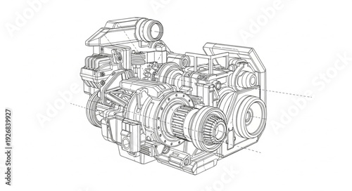 Detailed mechanical engine illustration showcasing intricate internal components and design.