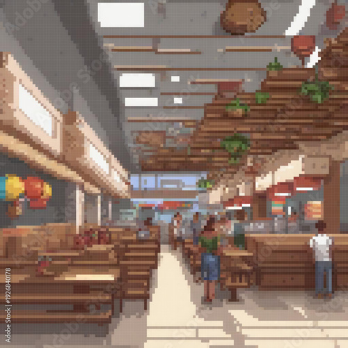 A pixel art image of a bustling restaurant with people, tables, and potted plants.