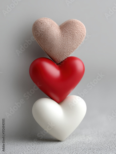 Heart shape red heart white heart fabric heart love romance three stacked heart composition on gray background