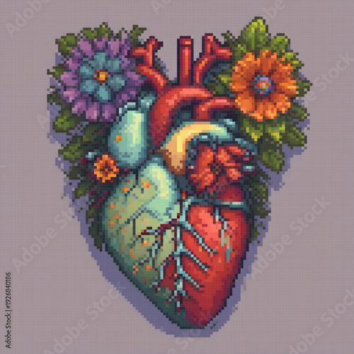 A pixel art image depicts a heart with vibrant flowers surrounding it, showcasing its intricate details.