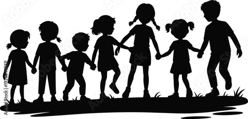 Happy children silhouettes set holding hands, diverse group of young boys and girls playing together, vector
