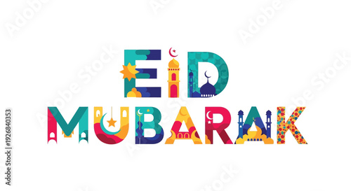Colorful eid mubarak typography with islamic architectural elements and crescent moon