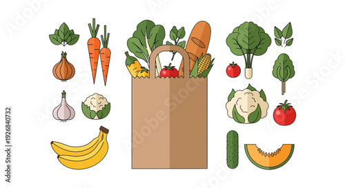 Healthy Groceries in Paper Bag Vector Illustration for Organic Food and Wellness Concept