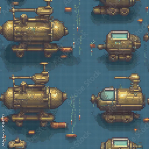 The image showcases a series of vintage, steam-powered ships with intricate details and a pixel art style.