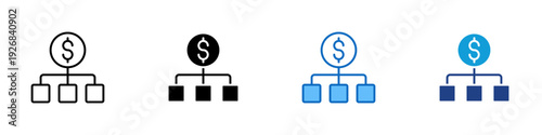 Financial Hierarchy Multiple Style Icon Design Vector - Dollar coin above connected blocks representing financial hierarchy, organizational structure, and budget allocation