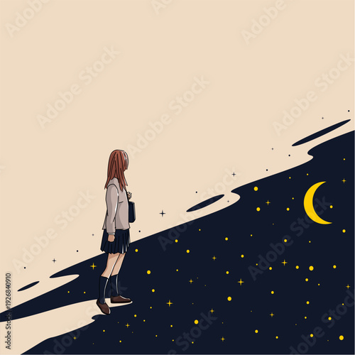 A girl stands between day and night