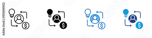 Monetization Strategy Multiple Style Icon Design Vector - Light bulb, user profile, and dollar coin with arrows representing monetization strategy, revenue model planning, and business innovation