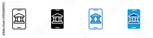 Mobile Banking Multiple Style Icon Design Vector - Smartphone with bank building representing mobile banking, digital finance access, and online account management